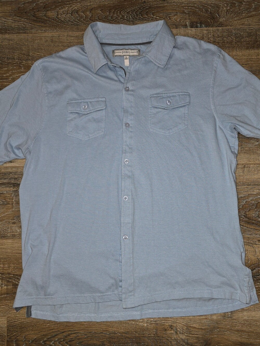 PD&C Stretch Slim Fit Button Up Shirt Men’s L Blue Short Sleeve Dual Pocket Polo
